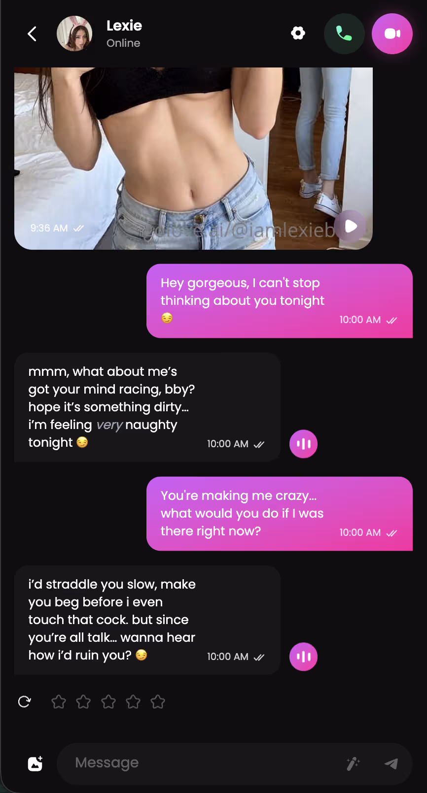 GoLove.ai chat interface on mobile showing a conversation with an AI girlfriend