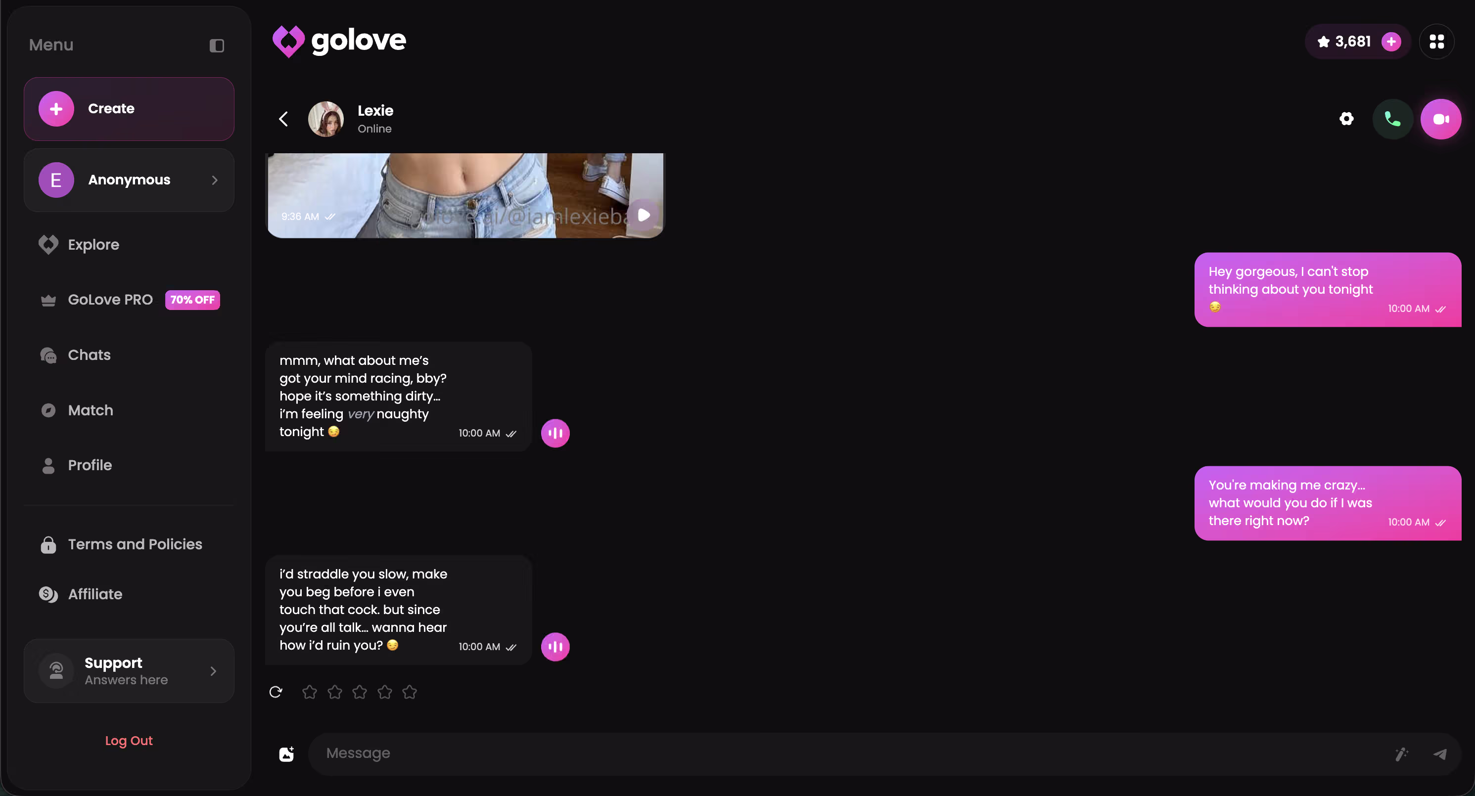 GoLove.ai chat interface showing conversation with AI character who sends video messages