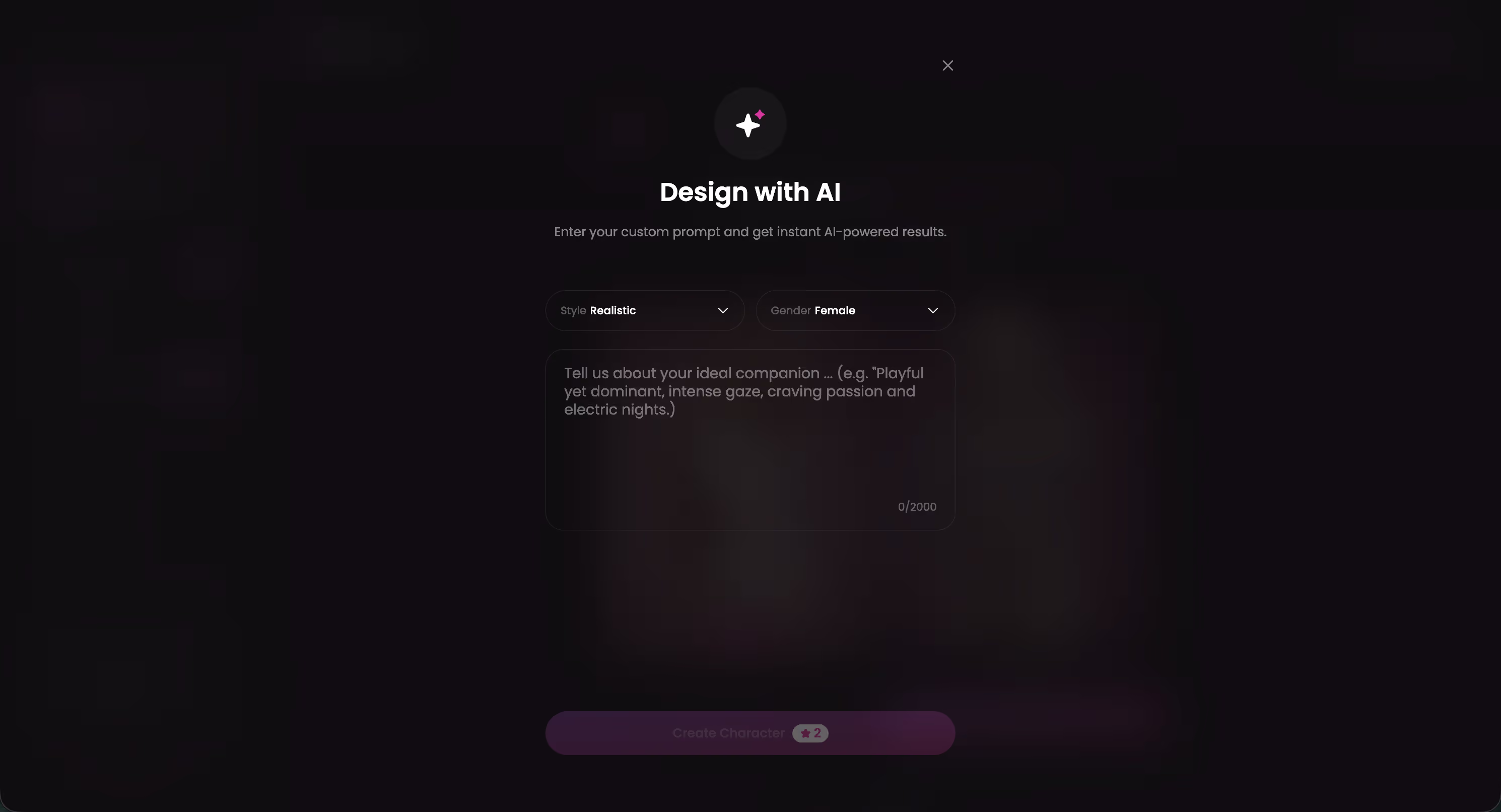 GoLove.ai Design with AI feature for creating custom AI characters from text description