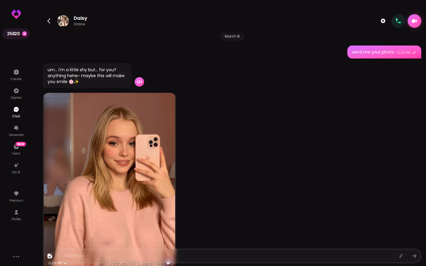 GoLove.ai desktop chat dialog showing text, photos and voice in a single conversation