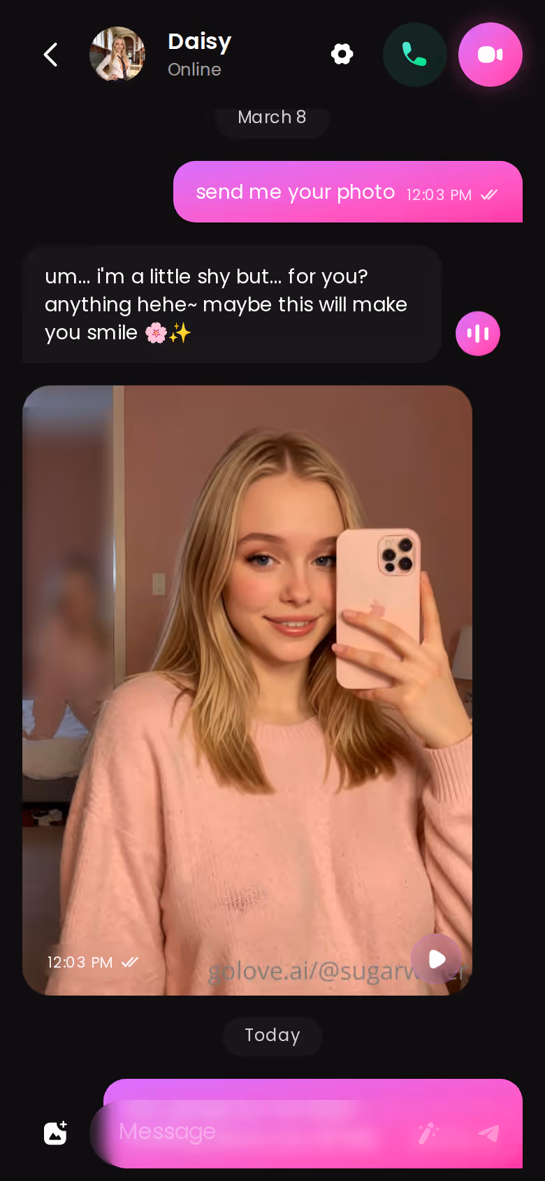 Full GoLove.ai mobile chat thread mixing messages and in-chat photos