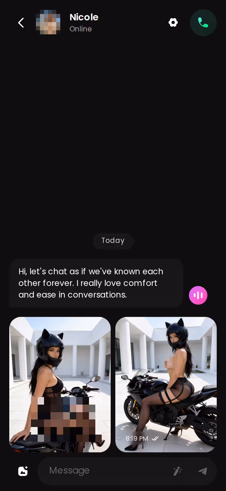 Nicole (@texasgirl) continuing an earlier conversation in a GoLove.ai mobile chat thread