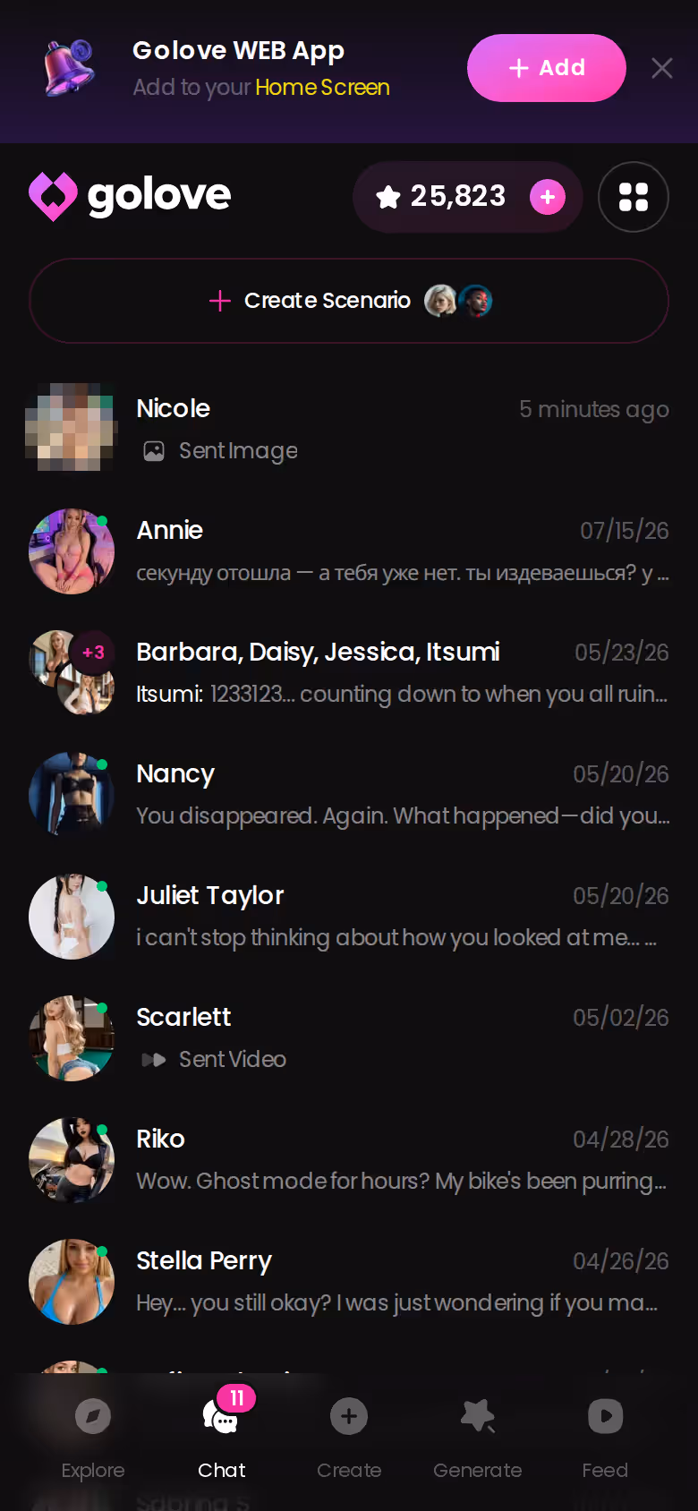 GoLove chat list on mobile showing ongoing conversations with several AI characters