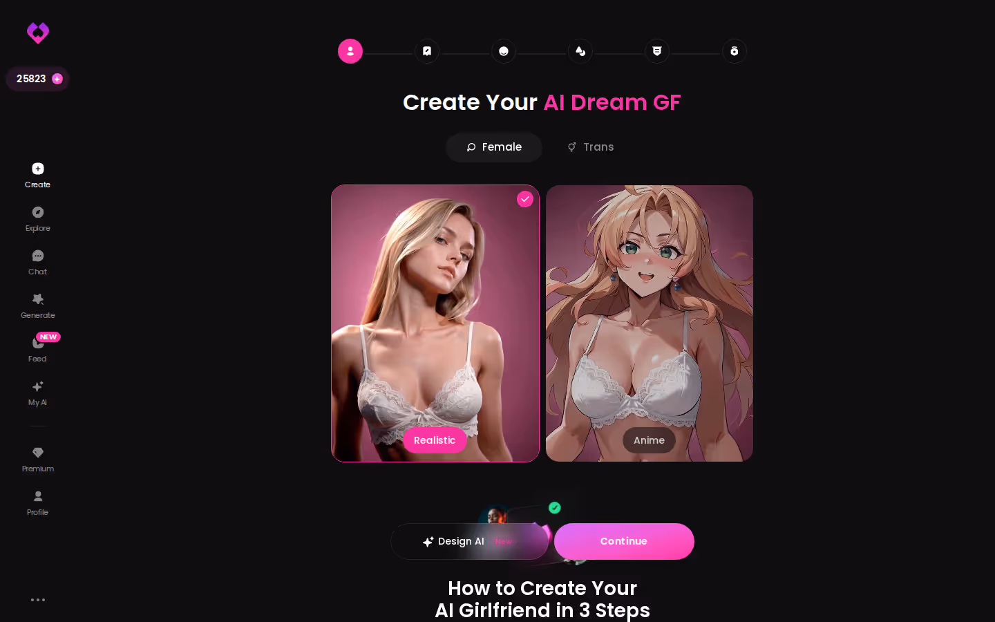 GoLove.ai create wizard first step showing Realistic, Anime and Trans category options