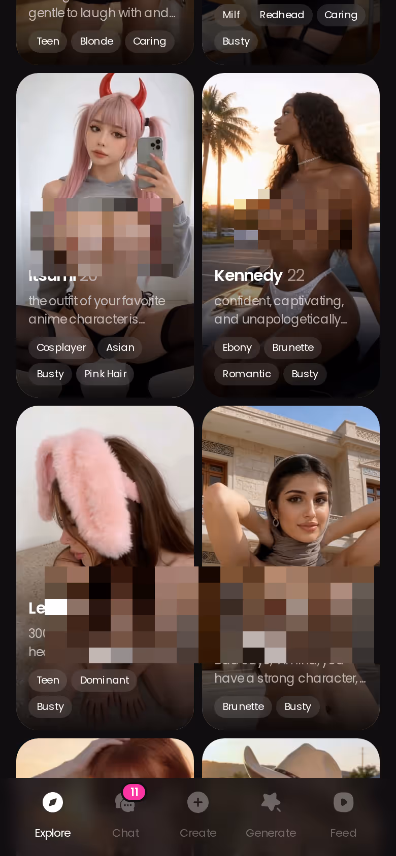 GoLove.ai mobile Explore page showing the realistic character roster available to browse before signing up