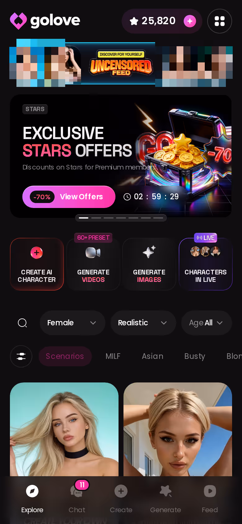 GoLove.ai Explore on mobile showing the new-user discount banner