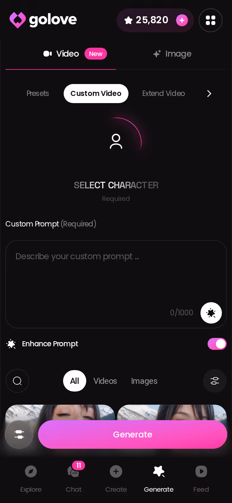 GoLove.ai mobile Video generator with preset action, clothes and background cards for a custom character