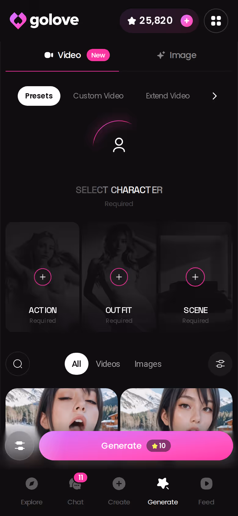 GoLove.ai mobile Generate hub with character avatar and preset tabs